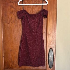 Burgundy Sequin Off-the-Shoulder Mini Dress